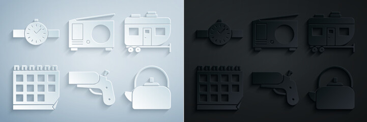 Set Flare gun pistol, Rv Camping trailer, Calendar, Kettle with handle, Radio antenna and Wrist watch icon. Vector
