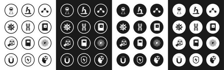 Set Molecule, DNA symbol, Virus, Test tube and flask, Electrical panel, Microscope, Atom and Radioactive icon. Vector