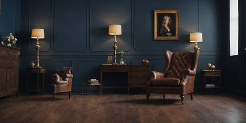 Vintage old room with leather armchair and wooden flooring in classic style and a lot of suitcases with blue wall. Copy space. Vogue and luxury.