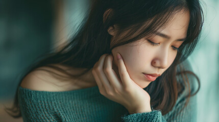 Fototapeta premium Pensive Woman in Green Sweater Deep in Thought