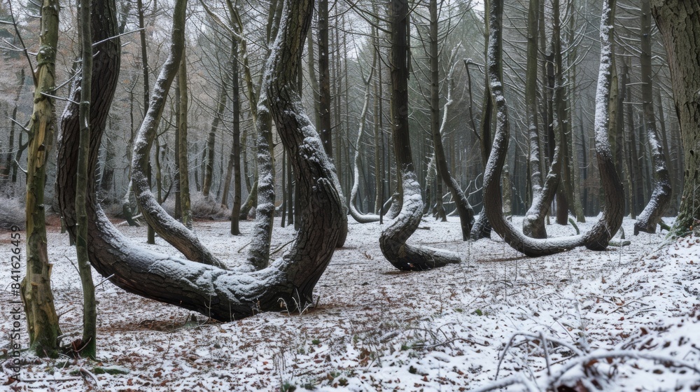 Canvas Prints a winter forest the trees bent in unusual shapes due to the ground beneath them shifting.