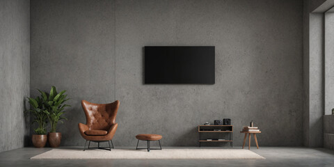 Wall concrete style TV room with leather armchair and decoration accessory