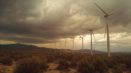 Obraz premium Wind turbines under a moody cloudy sky in a vast landscape