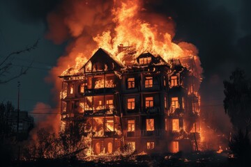 Large, blazing fire consumes an old building, lighting the night sky with intense flames