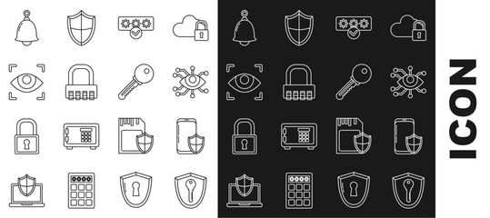 Set line Shield with key, Smartphone security shield, Eye scan, Password protection and safety access, Safe combination lock, Ringing bell and Key icon. Vector