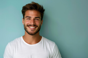 A close up portrait of a young man with a subtle smile