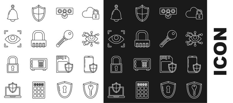 Set line Shield with key, Smartphone security shield, Eye scan, Password protection and safety access, Safe combination lock, Ringing bell and Key icon. Vector