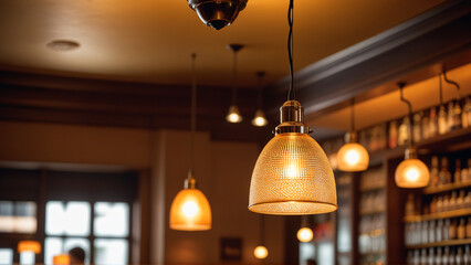 Lampe ou lustre éclairant un l'intérieur d'un restaurant.