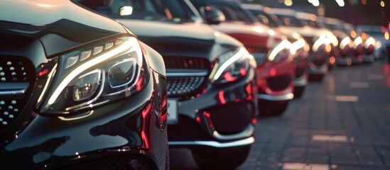 Luxury cars parked in a row during sunset, showcasing sleek design and elegant headlights. The vehicles exude prestige and modernity in an urban setting, reflecting highend automotive technology