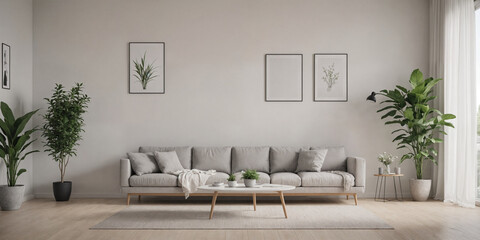 Modern retro concept of home interior with design sofa, armchair, coffee table, plants, carpet and personal accessoreis. Stylish home decor of living room.