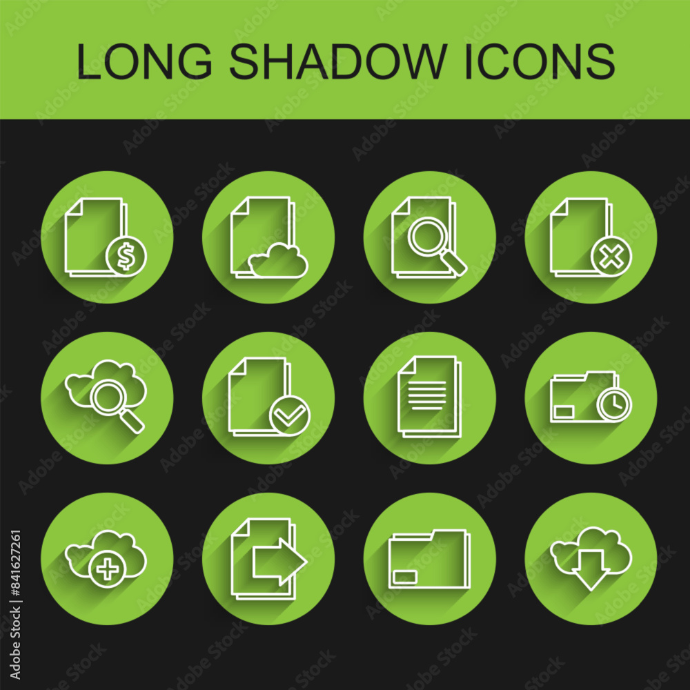 Poster set line add cloud, next page arrow, finance document, document folder, cloud download, and check ma