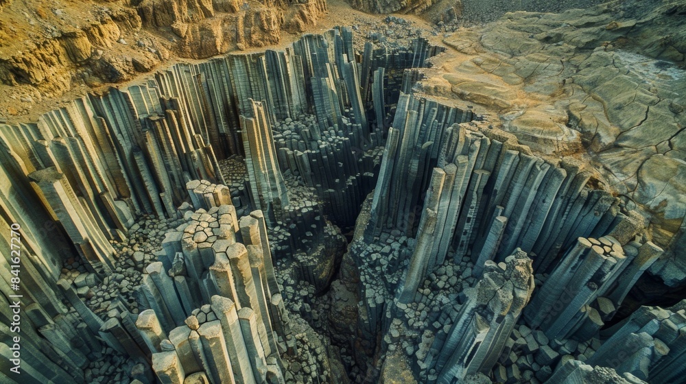 Poster an aerial view of an extensive area covered in columnar basalt formations creating a mesmerizing pat