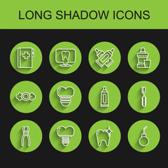 Set line Dental pliers, implant, Clipboard with dental card, Tooth whitening concept, Enema pear, Toothbrush and Tube of toothpaste icon. Vector