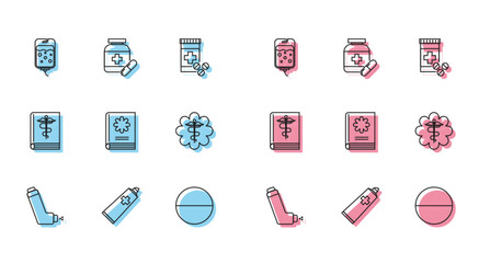 Set line Inhaler, Ointment cream tube medicine, IV bag, Medicine pill or tablet, Medical book, Emergency star medical symbol Caduceus snake with stick, and bottle and pills icon. Vector