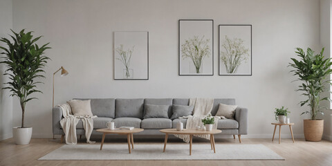 Modern retro concept of home interior with design sofa, armchair, coffee table, plants, carpet and personal accessoreis. Stylish home decor of living room.