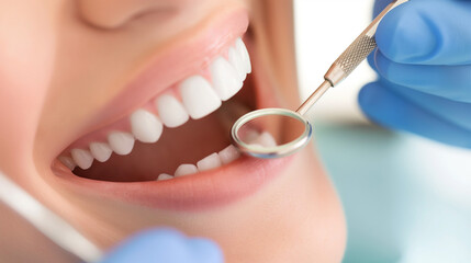 Fototapeta premium Close-up of teeth cleaning, dental care concept, clinic background