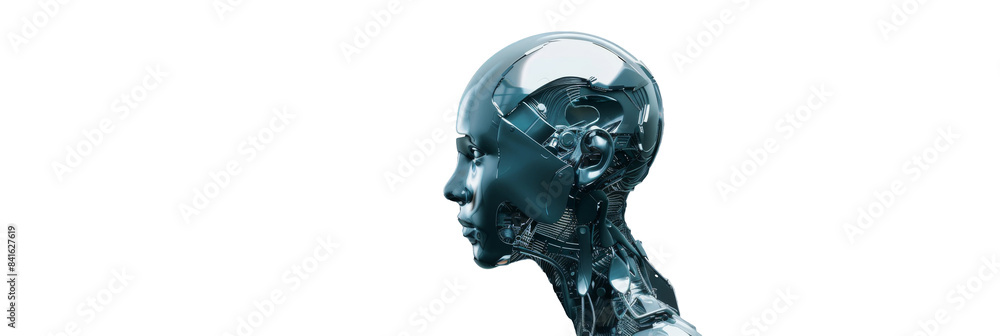 Poster futuristic cyborg head isolated on background, robotics and artificial intelligence concept
