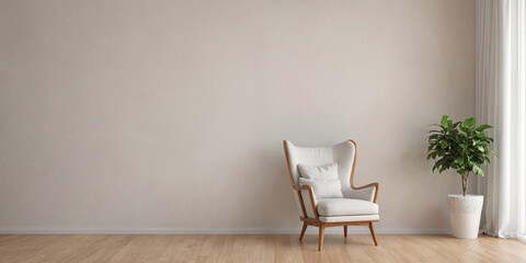 Modern retro concept of home interior with design sofa, armchair, coffee table, plants, carpet and personal accessoreis. Stylish home decor of living room.