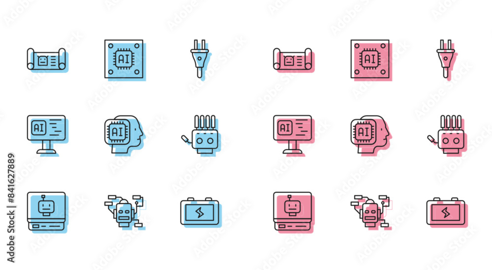 Poster set line robot, blueprint, battery, humanoid robot, mechanical hand, software and processor with mic