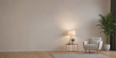 Modern retro concept of home interior at night with design sofa, armchair, coffee table, plants, carpet and personal accessoreis. Stylish home decor of living room.