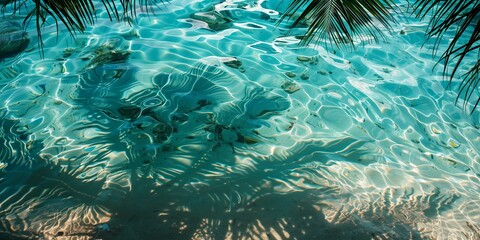 Obraz premium shallow turquoise water with palm tree shadows, the tree is not in the frame of the image, summer background