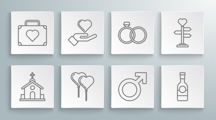 Set line Church building, Heart on hand, Balloons form of heart with ribbon, Male gender symbol, Champagne bottle, Wedding rings, Signpost and Suitcase travel icon. Vector