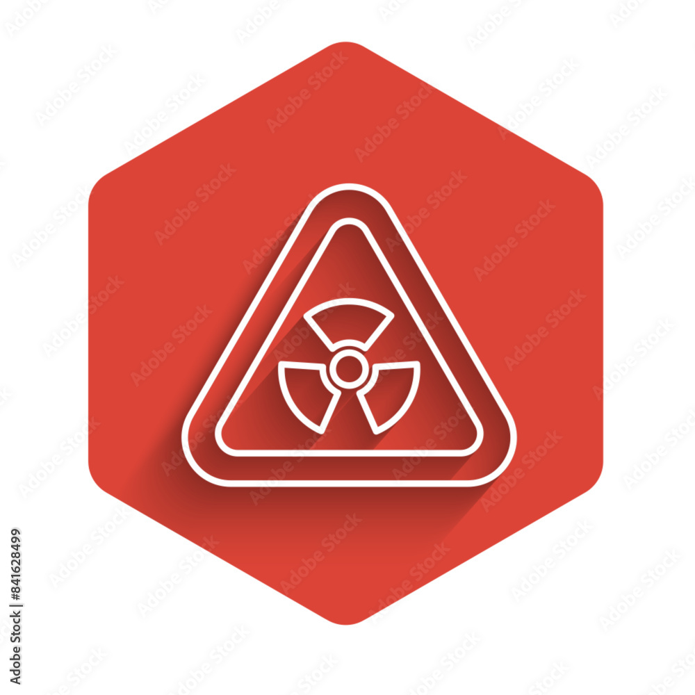 Poster white line triangle sign with radiation symbol icon isolated with long shadow. red hexagon button. v