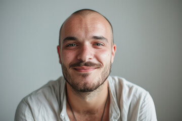 A close up portrait of a young man with a subtle smile