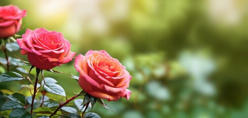 Rose bushes with buds in the garden on a blurred background