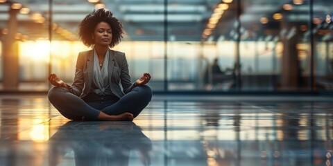 Fototapeta premium A businesswoman sits in a yoga pose in a modern office setting, finding inner peace amid the hustle and bustle of the city