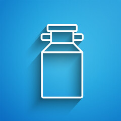 White line Can container for milk icon isolated on blue background. Long shadow. Vector