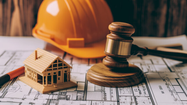 A legal gavel placed on architectural plans, accompanied by a construction helmet and a miniature house model, representing labor and construction law.