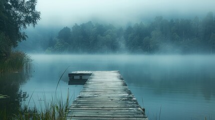 A serene lakeside with a wooden pier and mist rising from the water.  - Powered by Adobe