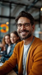 Fototapeta premium A man with a warm smile sits in a cafe, enjoying his surroundings