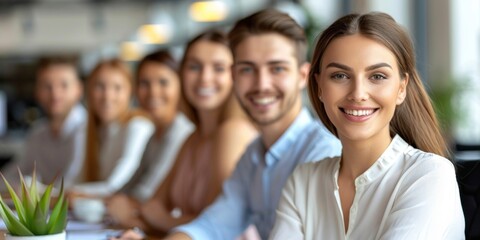 A diverse group of young professionals smile and look directly at the camera