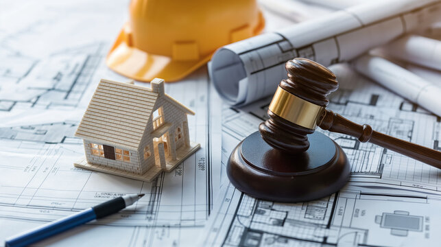 A legal gavel placed on detailed building plans, with a hard hat and a small house model nearby, representing the legal side of construction and engineering.