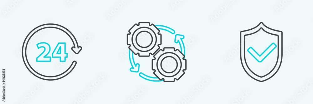 Poster set line shield with check mark, clock 24 hours and gear and arrows as workflow process concept icon