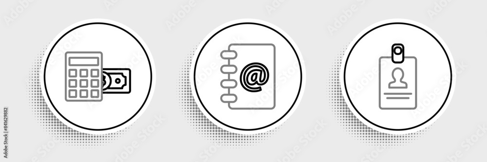 Poster set line identification badge, calculator with dollar symbol and address book icon. vector