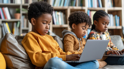 Three children are sitting on a couch, each using a laptop. Scene is relaxed and casual, as the children are engaged in their own activities - Powered by Adobe