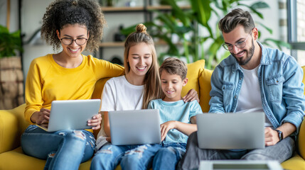 A family of four is sitting on a couch, each using a laptop. Scene is happy and relaxed, as the family members are enjoying their time together