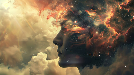 Surreal Concept of Human Profile Merging with Clouds and Galaxy
