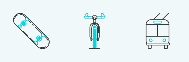 Set line Trolleybus, Skateboard and Bicycle icon. Vector