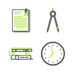 Set line Clock, Office folders with papers and documents, Drawing compass and File clip icon. Vector