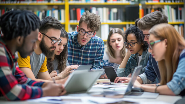 A group of people are sitting around a table with laptops and tablets, working together on a project