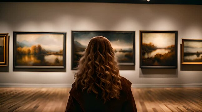Adult Woman Engaged with Artworks. Gallery Visit