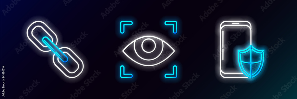 Poster set line smartphone with security shield, chain link and eye scan icon. glowing neon. vector