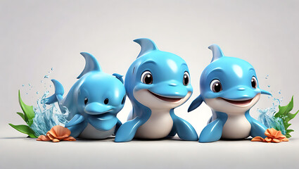 Fototapeta premium A cute cartoon 3d dolphin characters isolated on a plain white background with copy space, isolated on a background 