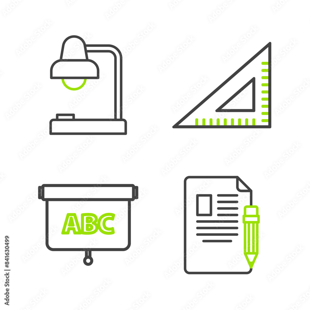 Poster set line exam sheet and pencil with eraser, chalkboard, triangular ruler and table lamp icon. vector