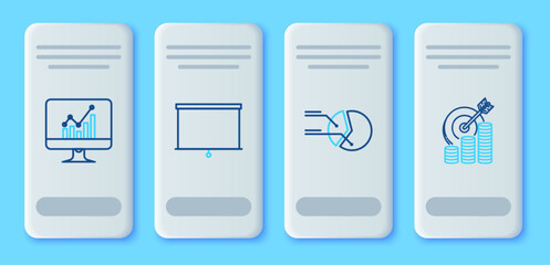 Set line Chalkboard, Pie chart infographic, Computer monitor with and Target coin symbol icon. Vector