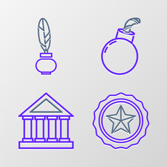 Set line Police badge, Courthouse building, Bomb ready to explode and Feather and inkwell icon. Vector